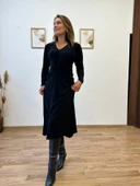 V Yaka Ön Büzgülü Uzun Elbise thumbnail 1