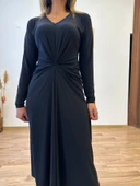 V Yaka Ön Büzgülü Uzun Elbise thumbnail 9