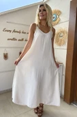 Krem İnce Askılı Tensel Ayrobin Uzun Elbise thumbnail 1