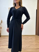 V Yaka Ön Büzgülü Uzun Elbise thumbnail 10