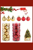 48 Parça Noel Ağacı Süs Seti | Kırmızı & Altın İki Tonlu Plastik Yılbaşı Topları | Çiçek Desenli Dekoratif Süsler | Kış & Tatil Temalı Asma Aksesuarları thumbnail 1
