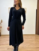 V Yaka Ön Büzgülü Uzun Elbise thumbnail 5