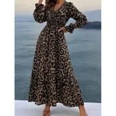Lucky Life Kadın Uzun Kollu Kruvaze Yaka Leopar Desenli Uzun Süprem Elbise thumbnail 3
