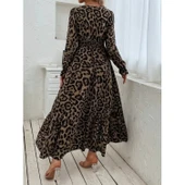 Lucky Life Kadın Uzun Kollu Kruvaze Yaka Leopar Desenli Uzun Süprem Elbise thumbnail 1