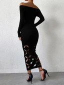 Lucky Life Kadın Madonna Yaka Uzun Kollu Lazer çiçek Kesim Detaylı Uzun Ithal Krep Elbise thumbnail 4