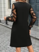 Lucky Life Kadın Uzun Kollu V Yakalı Tüllü Kısa Ithal Krep Mini Elbise thumbnail 1