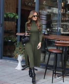 Lucky Life Kadın Uzun Kollu Balıkçı Yaka Derin Yırtmaç Detay Krep Elbise thumbnail 4