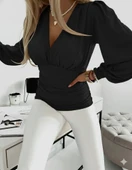 Lucky Life Kadın Uzun Kollu Derin V Yakalı önden Büzgülü Sandy Bluz thumbnail 3