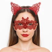 Ateş Kırmızısı Dantel Taç ve Maske Seti 10 No - Maskeli Balo &amp; Özel Gün Seti (5358) thumbnail 1