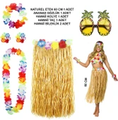 Hawaii Parti Kostüm Seti - 60 cm Hasır Etek, Çiçekli Aksesuarlar ve Ananas Gözlük (5358) thumbnail 1
