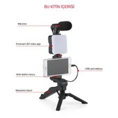 ShopyTech 5i 1 Arada Mikrofonlu LED Işıklı Vlog Kiti Tabanca Tutuşlu Masaüstü Tripod & Selfie Stick|Telefon/Kamera Uyum thumbnail 2