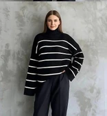 Çizgili ispanyol kol triko boğazlı kazak siyah elf thumbnail 2