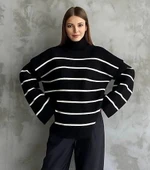 Çizgili ispanyol kol triko boğazlı kazak siyah elf thumbnail 1