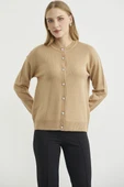 Düğme Detaylı Sıfır Yaka Triko Hırka - Kamel thumbnail 3