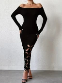 MDB Kadın Madonna Yaka Uzun Kollu Lazer çiçek Kesim Detaylı Uzun Ithal Krep Elbise thumbnail 2