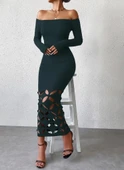 MDB Kadın Madonna Yaka Uzun Kollu Lazer çiçek Kesim Detaylı Uzun Ithal Krep Elbise thumbnail 2