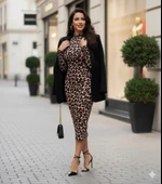 MDB Kadın Uzun Kollu Balıkçı Yaka eopar Desenli idi Boy Elbise thumbnail 2