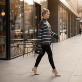 BİÇOMİ Çizgili ispanyol kol triko boğazlı kazak antrasit elf thumbnail 2