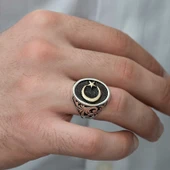 Gümüş Yanları Desenli Ay Yıldız Erkek Yüzük thumbnail 2