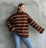 Çizgili ispanyol kol triko boğazlı kahve beyaz elf thumbnail 1