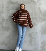 Çizgili ispanyol kol triko boğazlı kahve beyaz elf thumbnail 2