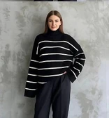 Çizgili ispanyol kol triko boğazlı kazak siyah elf thumbnail 2