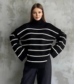 Çizgili ispanyol kol triko boğazlı kazak siyah elf thumbnail 1