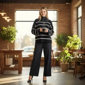 BİÇOMİ Çizgili ispanyol kol triko boğazlı kazak siyah elf thumbnail 1