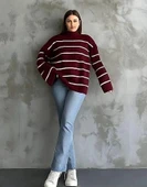 Çizgili ispanyol kol triko boğazlı kahve beyaz elf thumbnail 3