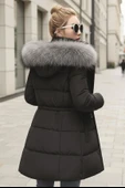 Kışlık Orta Boy Kürklü Kapüşonlu Su Geçirmez Kadın Şişme Mont thumbnail 4