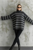 Çizgili ispanyol kol triko boğazlı kazak antrasit elf thumbnail 2