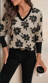 MDB Kadın Uzun Kollu V Yakalı Desenli Süprem Bluz thumbnail 3