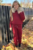 Kız Çocuk Yakası Çıkarılabilir Kürklü Kazak Çift Cepli Triko Bordo Alt Üst Takım thumbnail 3