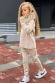 Kız Çocuk Yakası Çıkarılabilir Kürklü Kazak Çift Cepli Triko Ekru Alt Üst Takım thumbnail 1