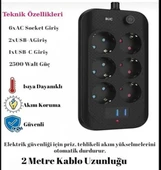 Blic Ftr-11 Termal Akım Korumalı 6 Priz 3 USB Girişli 2 Metre Uzatma Kablolu Priz thumbnail 2