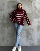 Çizgili ispanyol kol triko boğazlı kahve beyaz elf thumbnail 3