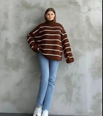 Çizgili ispanyol kol triko boğazlı kahve beyaz elf thumbnail 2