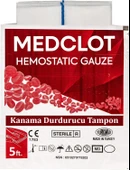 Medclot Hemostatik Kanama Durdurucu Steril Tampon Gazlı Bez Kaolin CE Sertifikalı Spanç Pansuman Acil Durum İlk Yardım Kanama Kontrolü 7,5 x 152 cm thumbnail 1