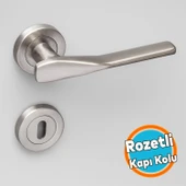 Saten Rozetli Oda Kapı Kolu Sürgülü ve Çelik Kapı Kulpu Uyumlu Daire Sağa Sola Uygun Kolları thumbnail 1