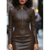 Lucky Life Kadın Uzun Kollu Yakalı Fermuarlı Mini Deri Elbise thumbnail 1