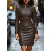 Lucky Life Kadın Uzun Kollu Yakalı Fermuarlı Mini Deri Elbise thumbnail 2