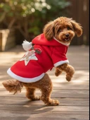 Yılbaşı Köpek Kıyafeti Yıldız Desenli Kırmızı Polar | Kapüşonlu Noel Köpek Kostümü | Küçük Irklar İçin thumbnail 1