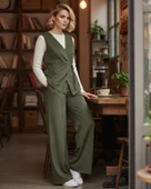 Kadın Nubuk 2'li Yelekli Takım - Bağlamalı - Haki thumbnail 1