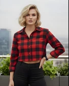 Kadın Ekose Crop Gömlek - Kırmızı thumbnail 1