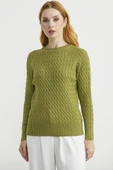 Saç Örgü Motifli Yuvarlak Yaka Triko Kazak - Yeşil thumbnail 1