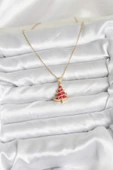 Gold Renk Kırmızı Çam Ağacı Model Yılbaşı Temalı Kadın Kolye (316L Çelik Zincir) thumbnail 1