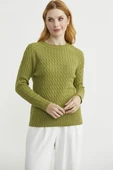 Saç Örgü Motifli Yuvarlak Yaka Triko Kazak - Yeşil thumbnail 4