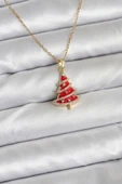 Gold Renk Kırmızı Çam Ağacı Model Yılbaşı Temalı Kadın Kolye (316L Çelik Zincir) thumbnail 2