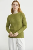 Saç Örgü Motifli Yuvarlak Yaka Triko Kazak - Yeşil thumbnail 3
