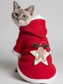 Yılbaşı Kedi Kıyafeti Yıldız Desenli Kırmızı Polar | Kapüşonlu Noel Kedi Kostümü | Kurabiye Temalı thumbnail 9